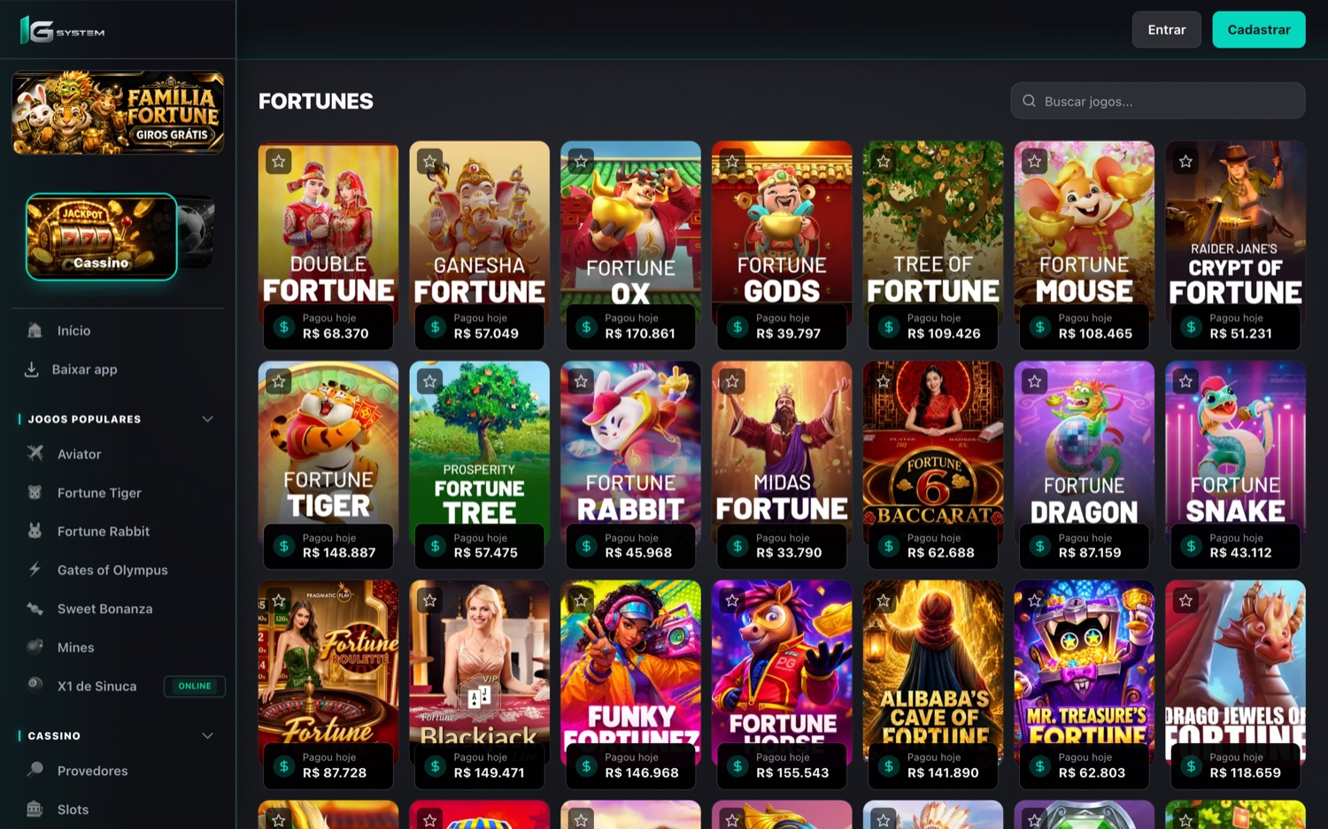 Categoria Fortunes da vitrine: dezenas de jogos com capa, cada um mostrando quanto pagou hoje