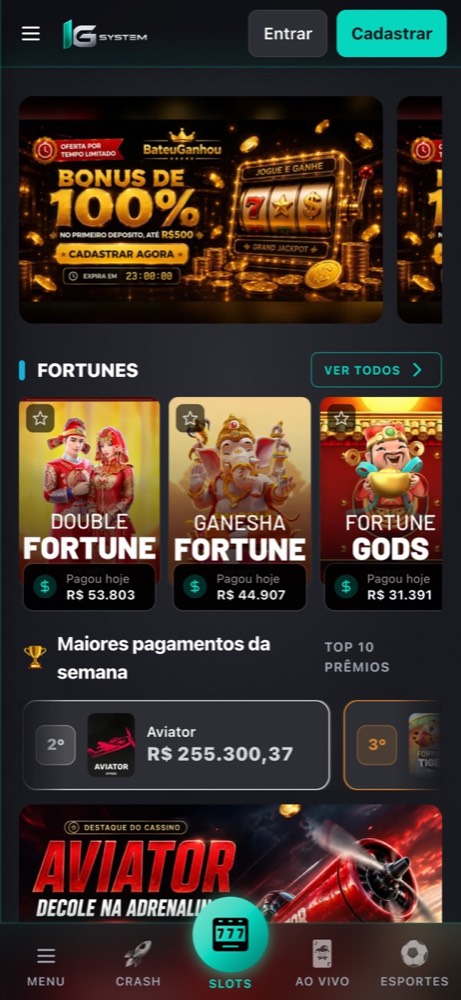 O mesmo cassino no celular, com navegação inferior e vitrine de jogos