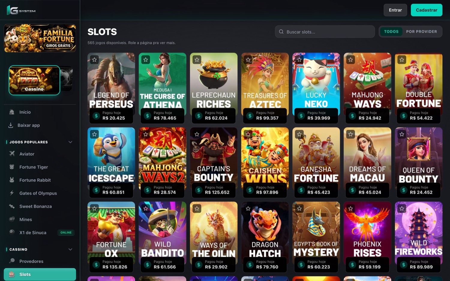 Catálogo de slots da plataforma IG: centenas de jogos com capa, busca e filtro por provedor